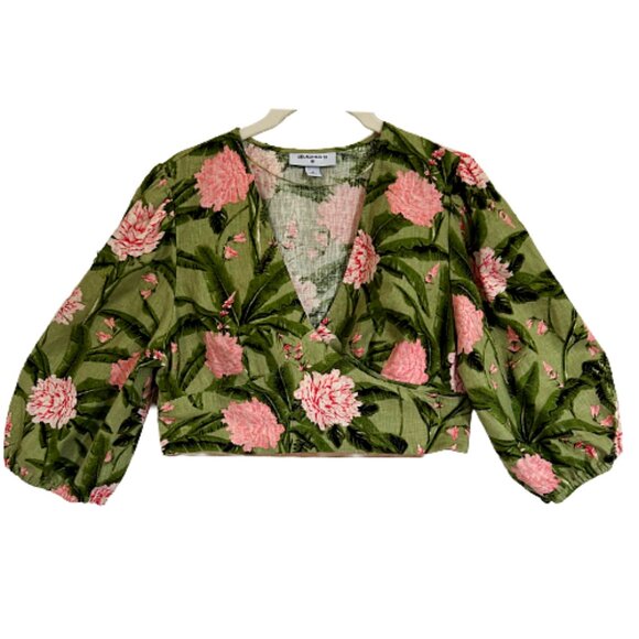 Agua Bendita Peony Print Linen-Blend Tie Wrap Crop Top Green Pink M Floral Wrap - Picture 3 of 10